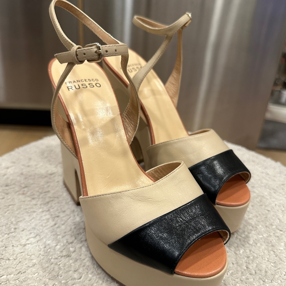 Francesco Russo Two-Tone Beige and Black Leather Platform Sandals